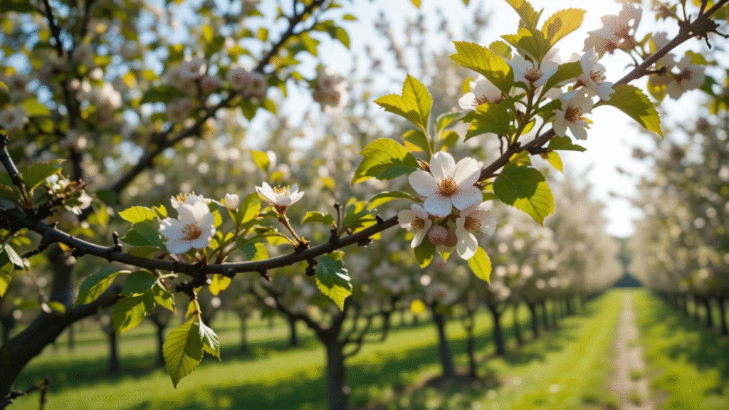 Delicate apple blossoms on a branch, surrounded by a lush, green orchard under warm sunlight, creating a serene spring atmosphere.