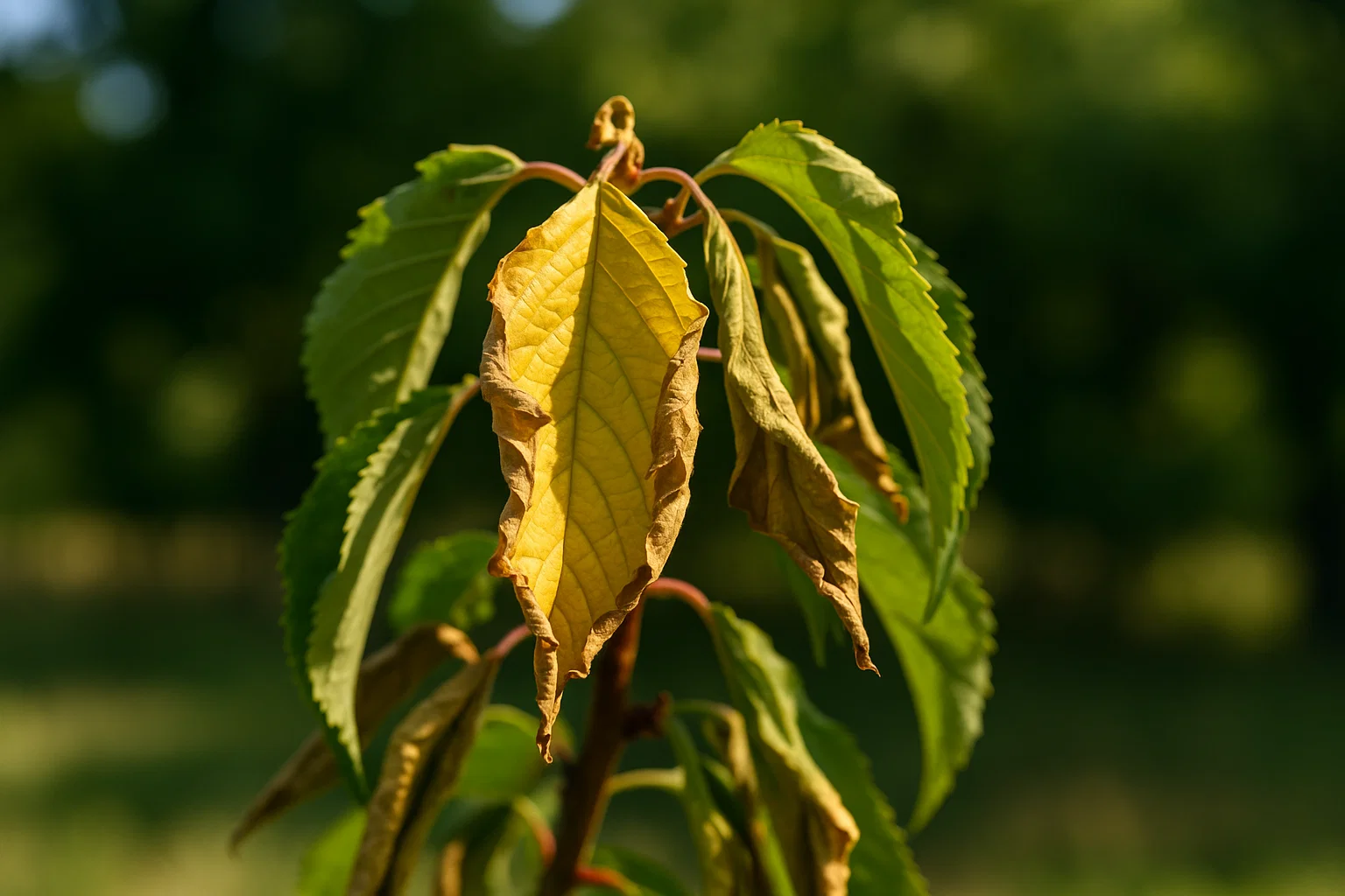Close-up of yellowing leaves on a tree branch, with curled edges, indicating drought stress against a blurred green background.