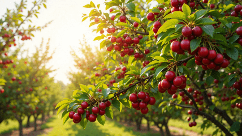 A close-up of glossy red cherries hanging from a branch, illuminated by warm sunlight in a lush orchard.