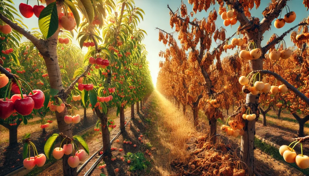 Lush cherry trees with ripe fruits on the left; faded, dry trees with yellow fruits on the right, under warm sunlight.