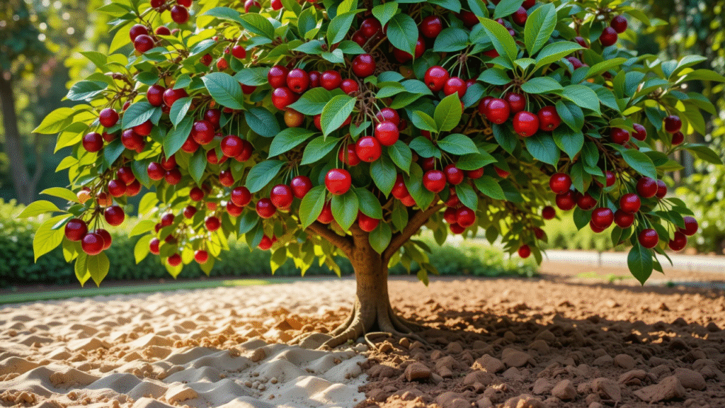 A vibrant tree laden with glossy red apples, surrounded by rich, brown soil and lush greenery in the background.