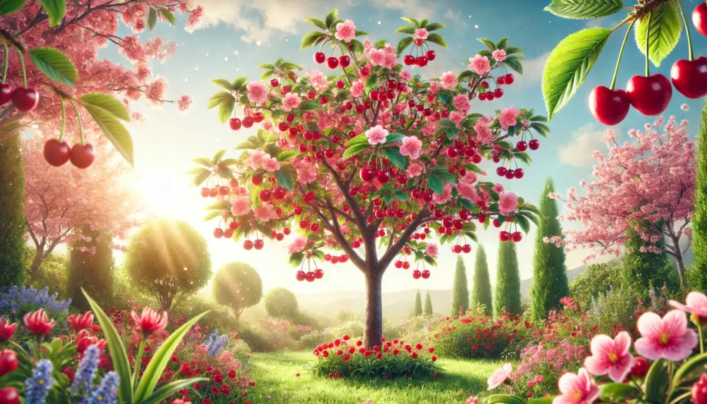 A vibrant cherry blossom tree laden with bright red cherries, surrounded by colorful flowers and bathed in warm sunlight.