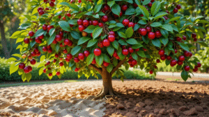 A vibrant tree laden with glossy red apples, surrounded by rich, brown soil and lush greenery in the background.