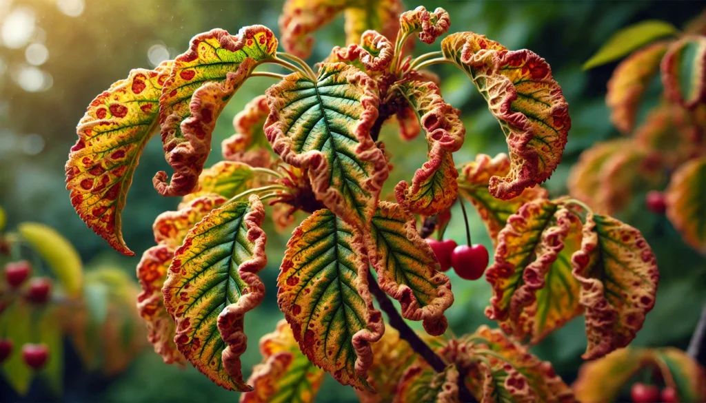 Vibrant, curled leaves in shades of green, red, and yellow, with small red berries, bathed in soft sunlight.