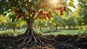 A cherry tree with vibrant red fruits and lush green leaves, rooted in rich soil, glowing under warm sunlight in a peaceful garden.
