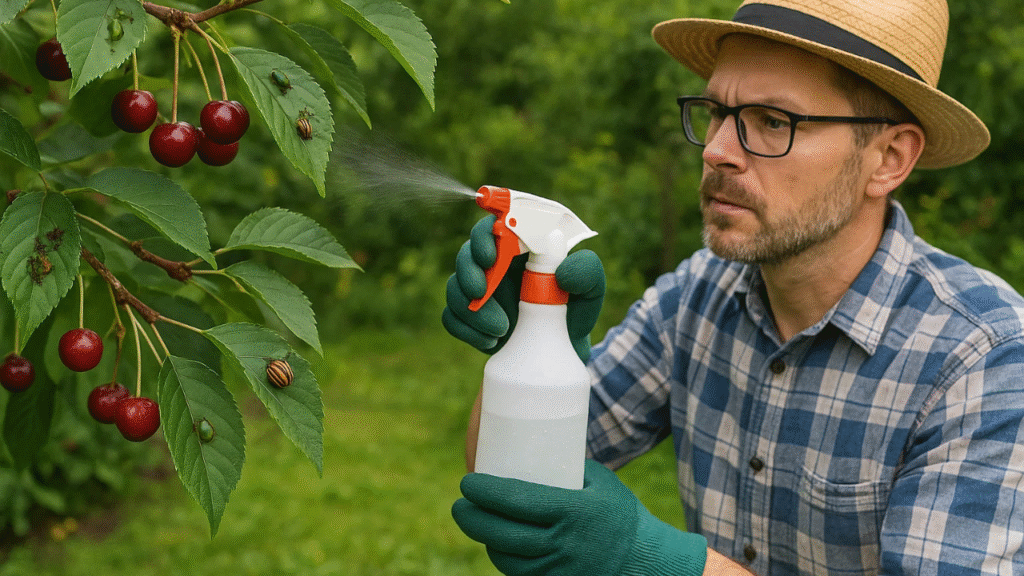 A person in a straw hat and gloves sprays a cherry tree, while ripe cherries and beetles are visible on the branches.