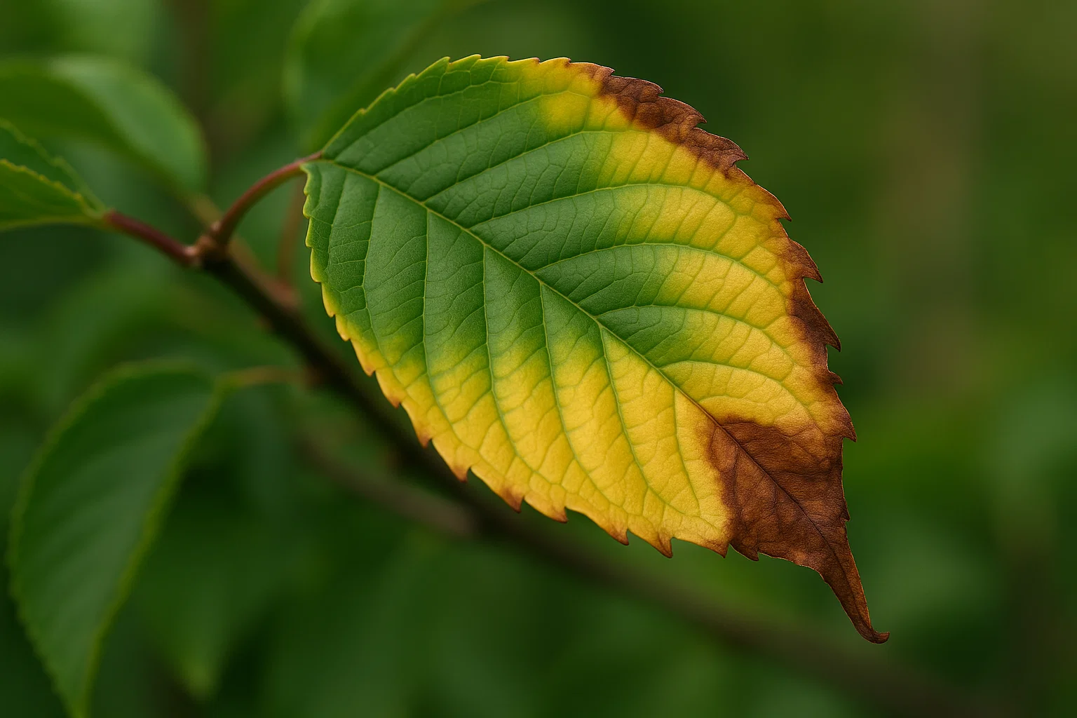 A close-up of a leaf transitioning from vibrant green to yellow and brown, indicating seasonal change or stress.