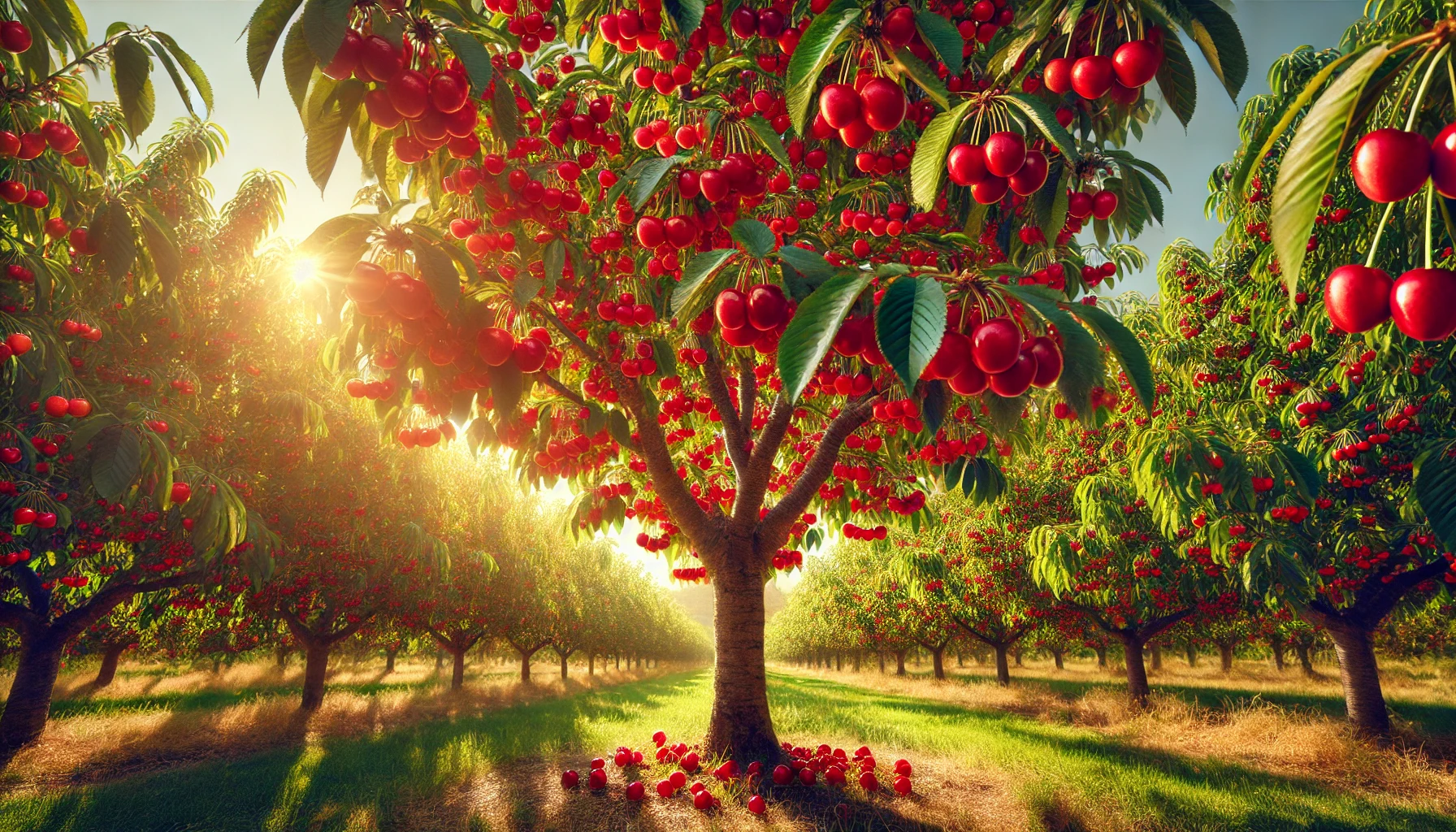 A vibrant cherry orchard bathed in golden sunlight, filled with lush green trees heavy with bright red cherries.