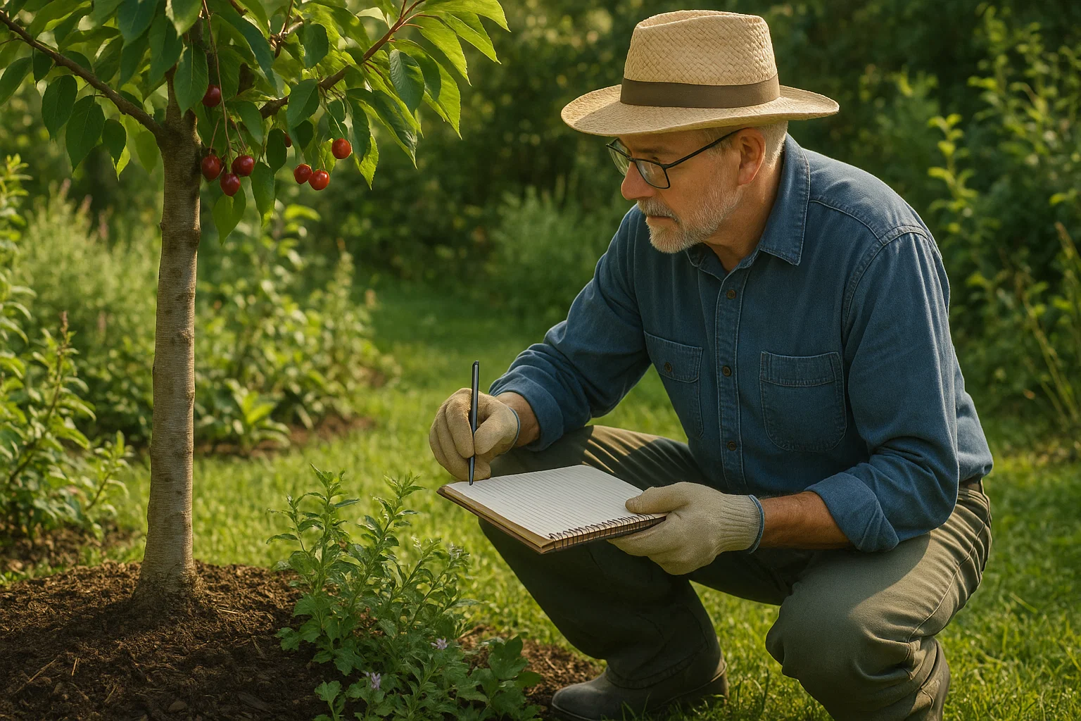 A man in a straw hat kneels beside a young cherry tree, taking notes in a notebook while wearing gloves in a lush green garden.