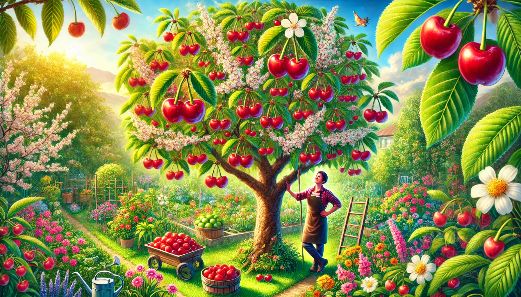 A vibrant garden scene with a cherry tree full of red fruit, surrounded by colorful flowers and fruit baskets in sunlight.