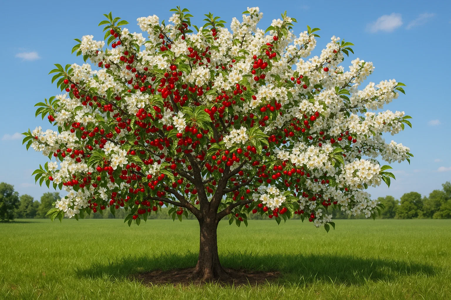A vibrant tree laden with white blossoms and bright red fruit stands in a sunny field, under a clear blue sky.