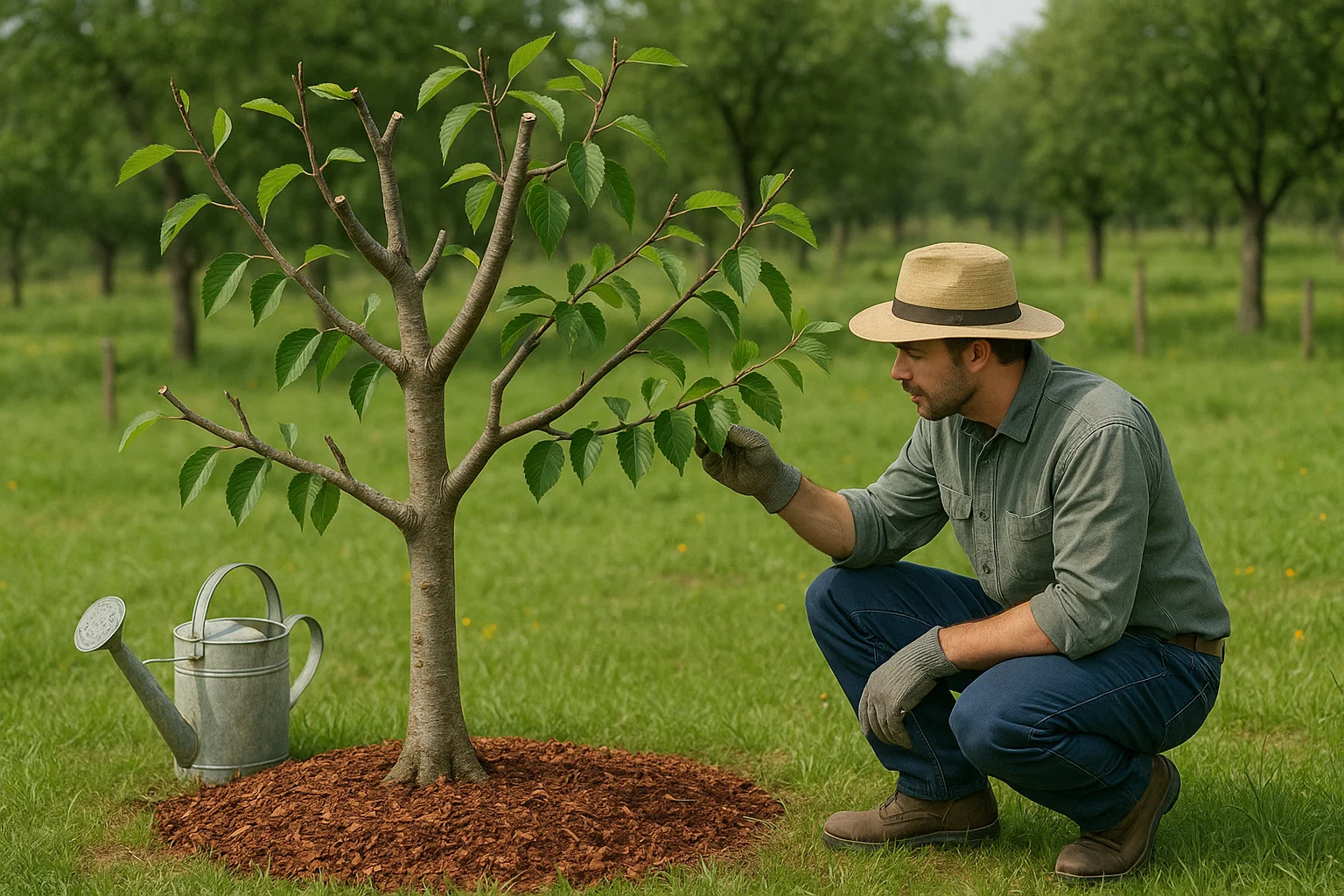 A gardener in a hat examines young leaves on a small tree, with a watering can nearby, surrounded by lush green grass and trees.