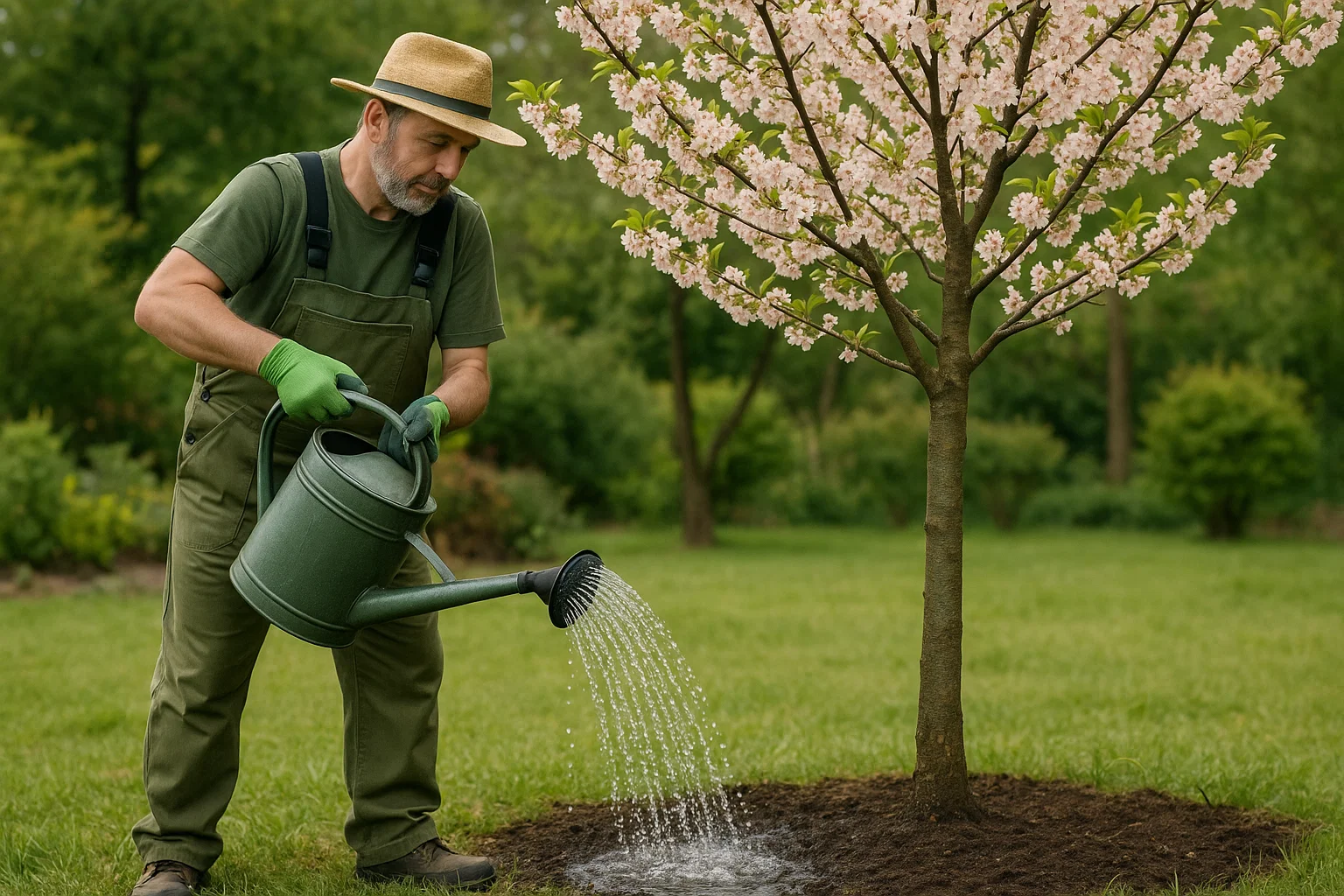 A gardener waters a blooming cherry tree, nourishing the soil with a green watering can in a lush, green garden setting.