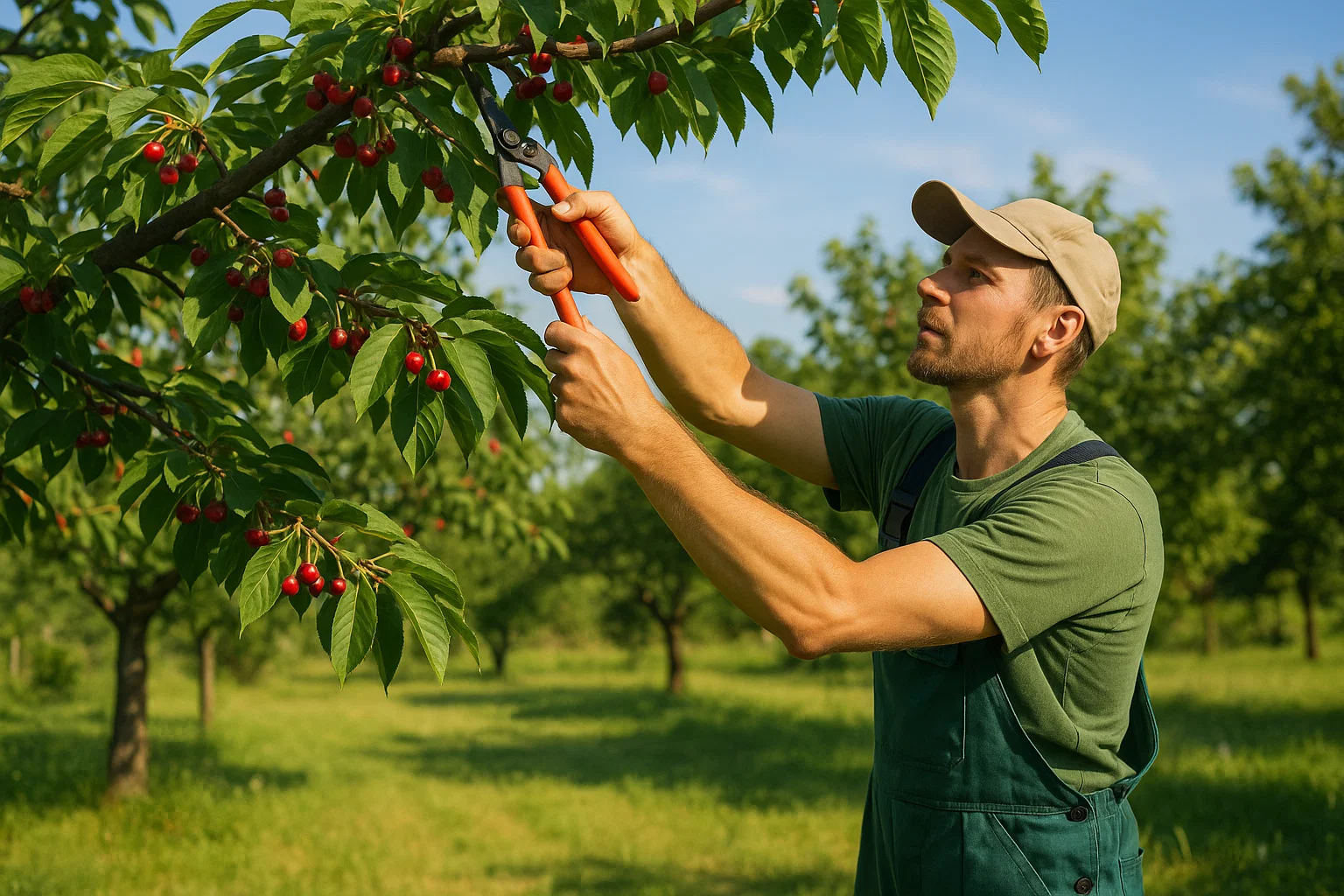 A person wearing a green shirt and overalls uses pruning shears to trim a cherry tree filled with ripe red fruit in a sunny orchard.