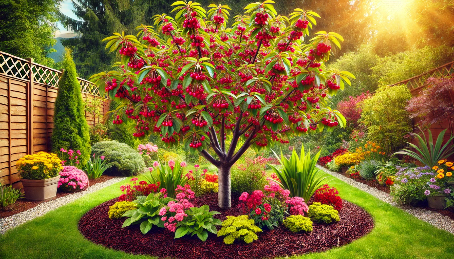 A vibrant garden featuring a berry-laden tree, colorful flowers, and lush greenery, illuminated by golden sunlight.