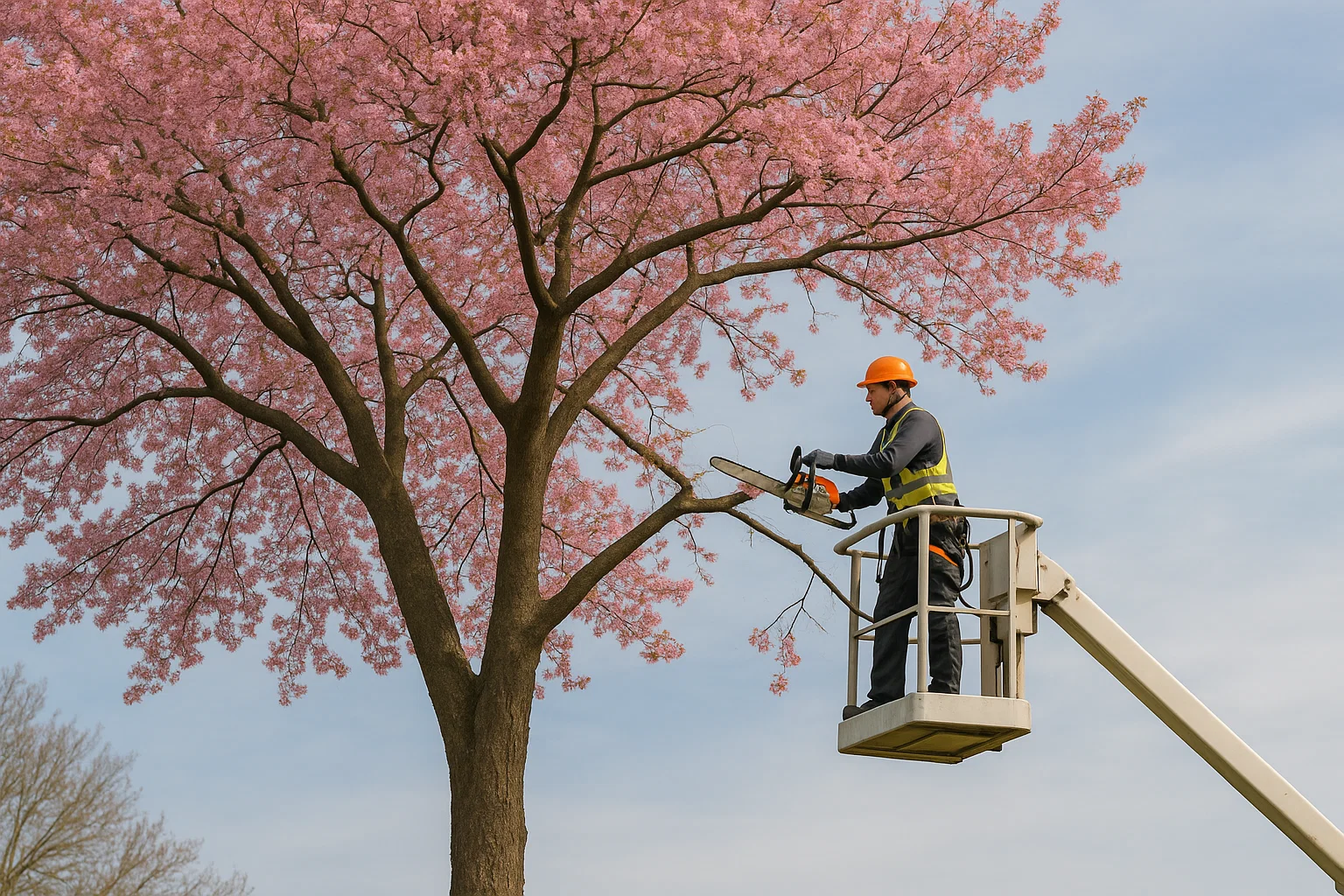 A worker in an orange helmet uses a chainsaw to trim branches from a large pink-blooming tree while standing in a lift.