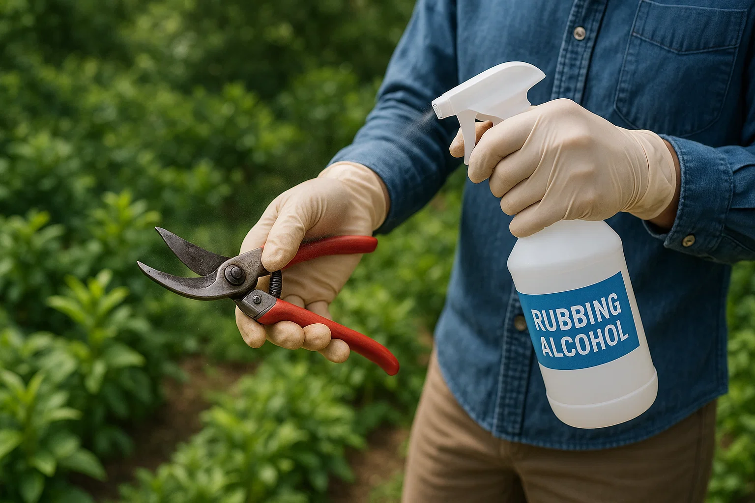 A person wearing gloves holds pruning shears in one hand and a spray bottle labeled "RUBBING ALCOHOL" in the other, in a garden setting.