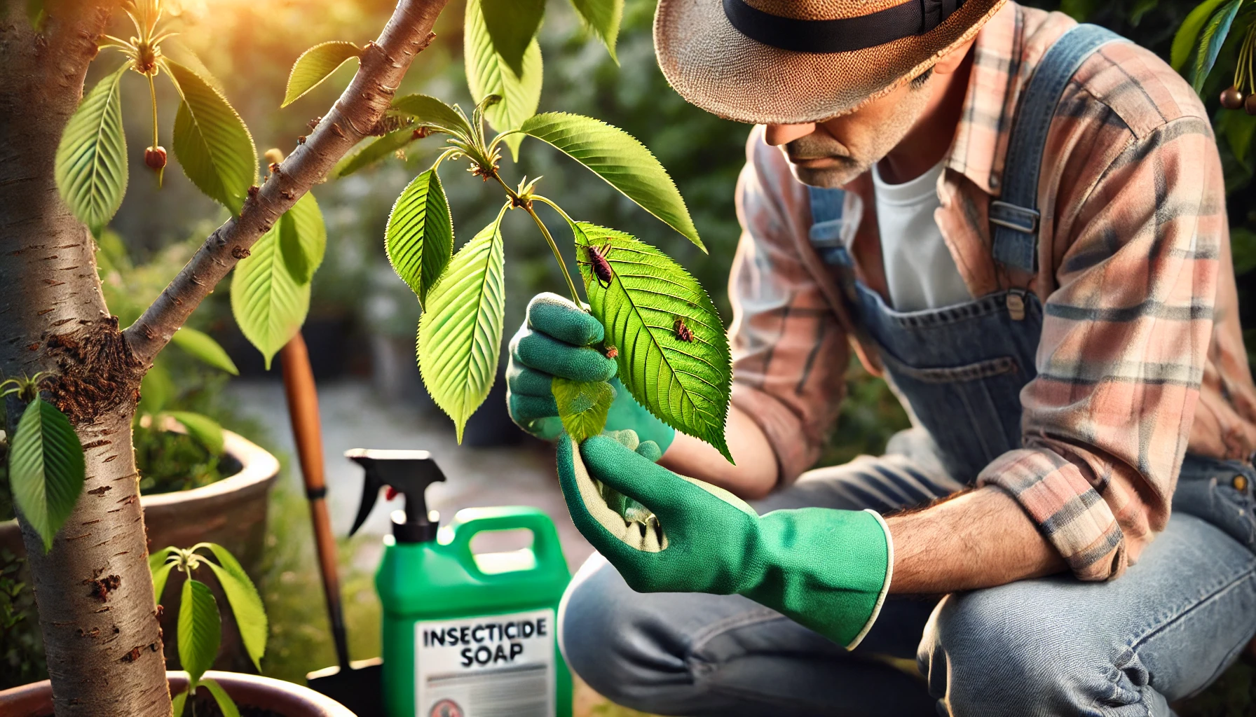 A gardener in green gloves inspects a leaf for pests, with a spray bottle of insecticide soap nearby and sunlight filtering through foliage.