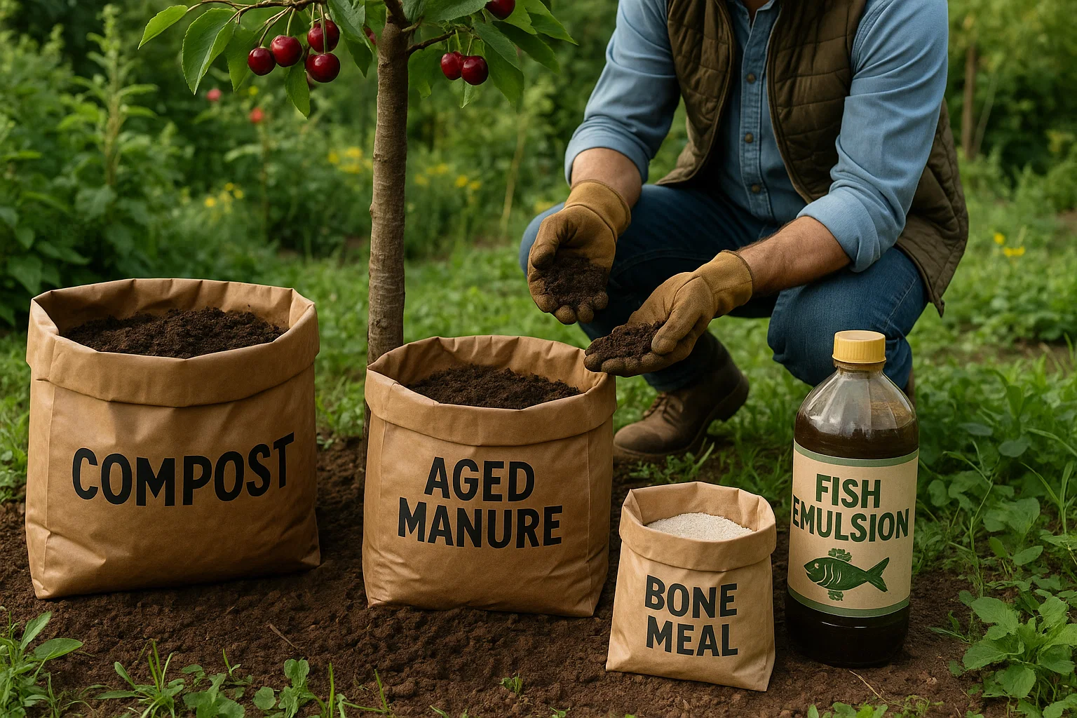A gardener in gloves kneels beside bags of compost, aged manure, and bone meal, with fish emulsion, preparing soil for planting.