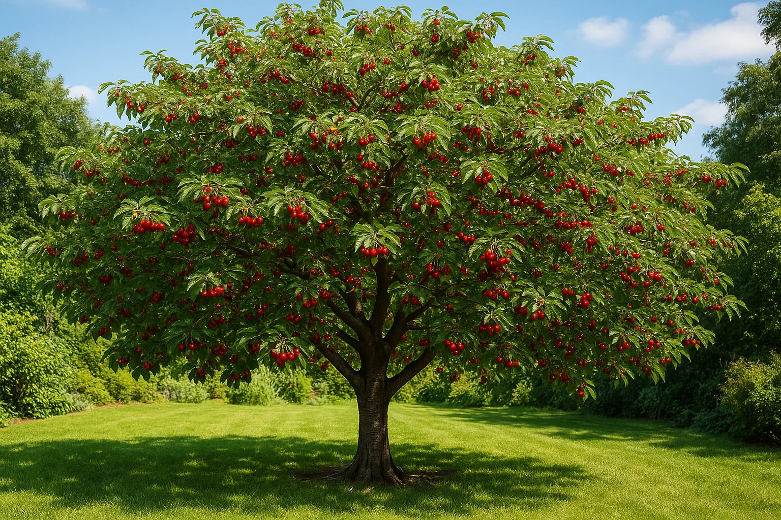 A lush tree laden with bright red fruit, surrounded by green grass and foliage under a clear blue sky.