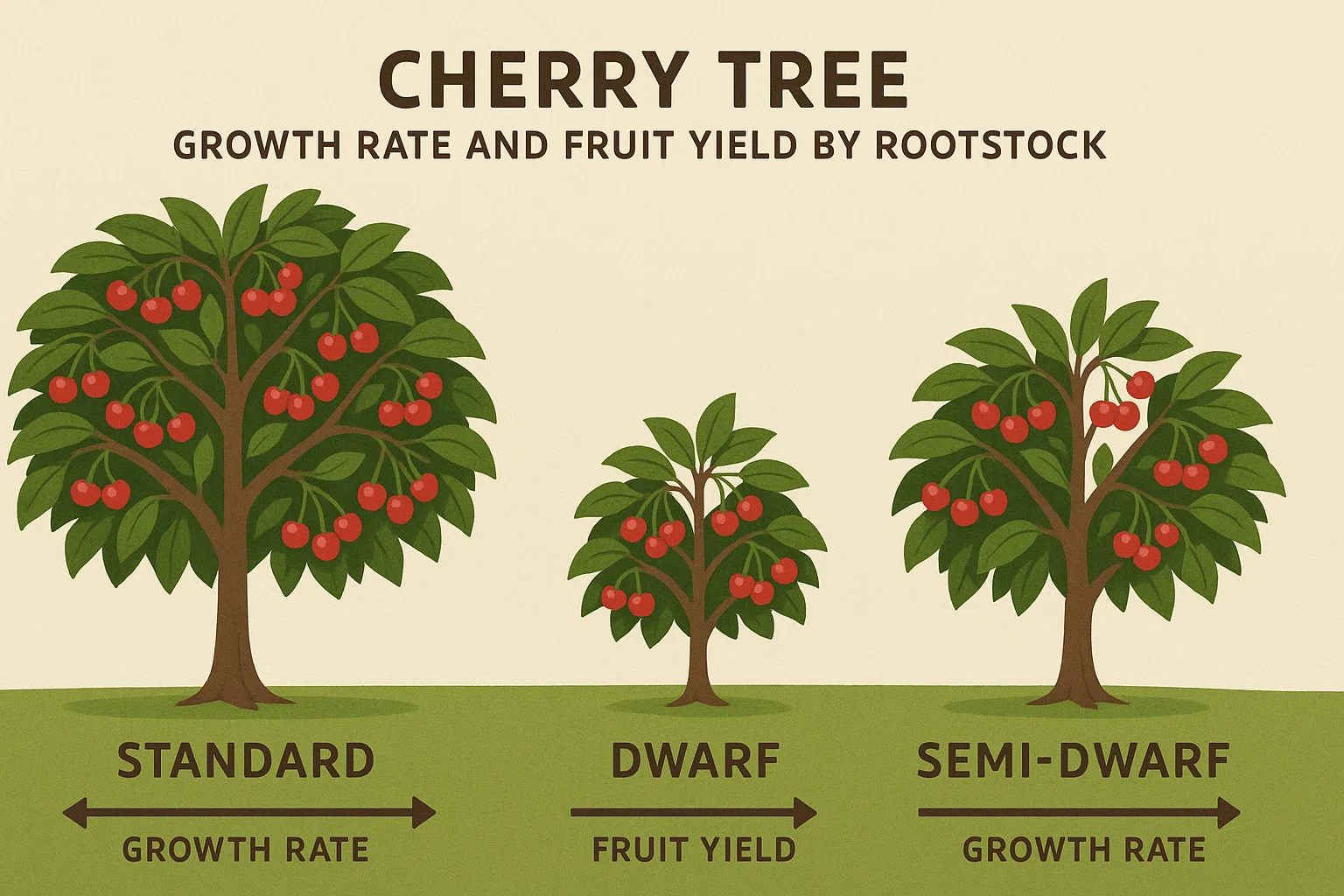 Infographic comparing cherry tree types: Standard, Dwarf, and Semi-Dwarf, highlighting growth rates and fruit yield.