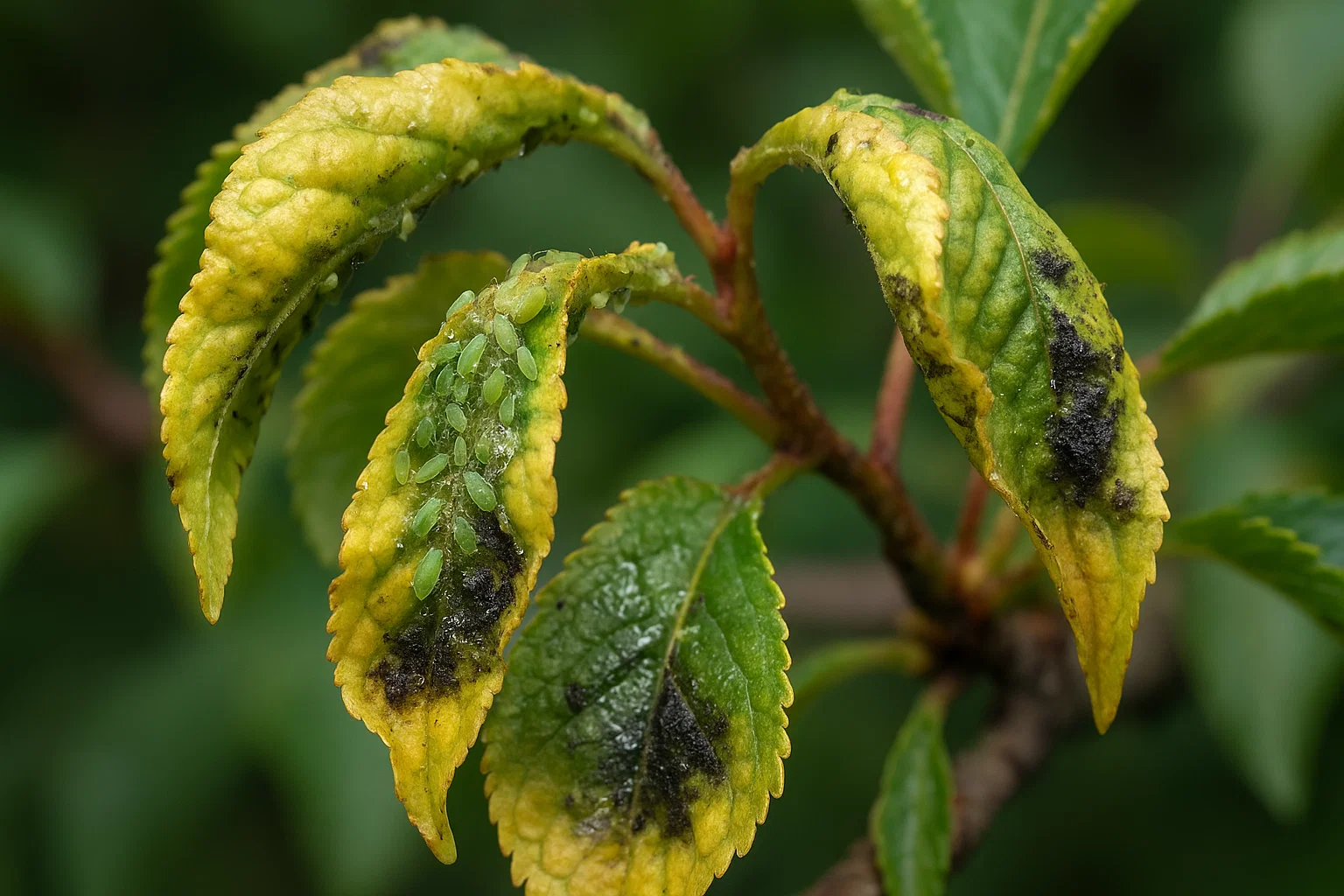 Close-up of infested leaves showing yellowing, black mold, and clusters of green aphids on a branch against a blurred green background.