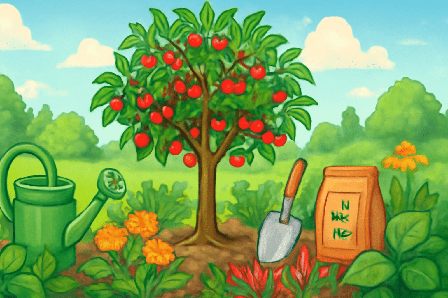 A colorful garden scene featuring a fruit tree laden with red cherries, a watering can, garden tools, and vibrant flowers.