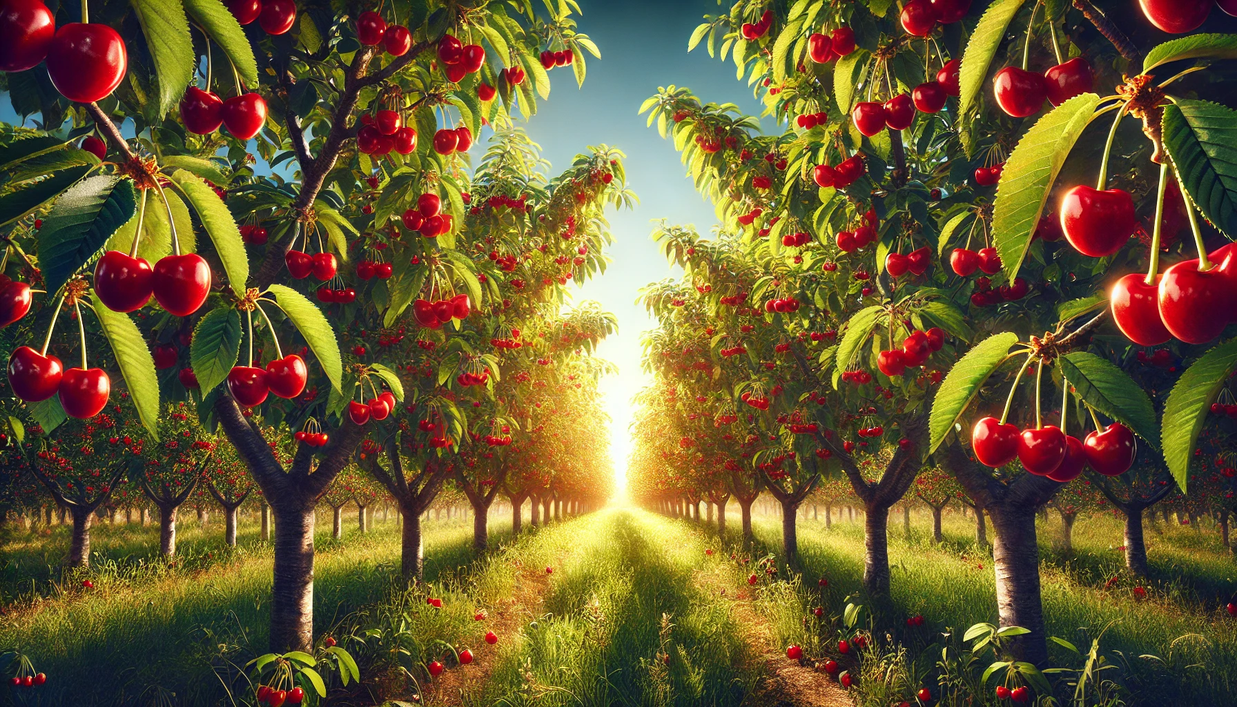A sunlit cherry orchard with vibrant red cherries hanging from lush green trees, creating a picturesque, tranquil pathway.
