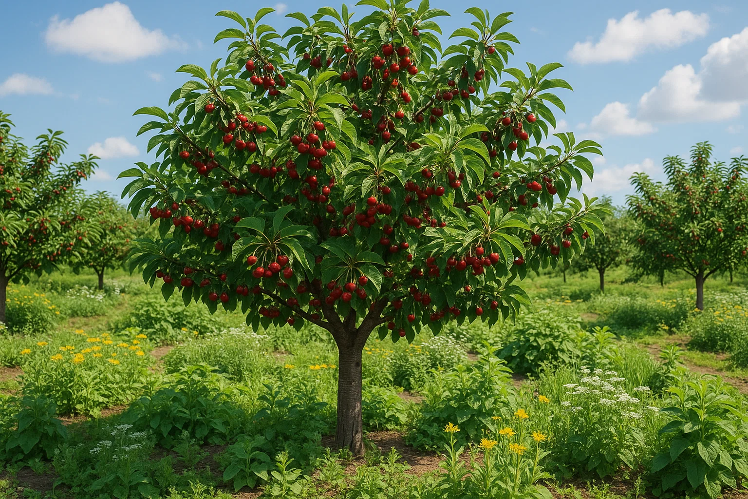Lush orchard featuring a vibrant tree laden with red fruits, surrounded by green foliage and colorful wildflowers under a blue sky.