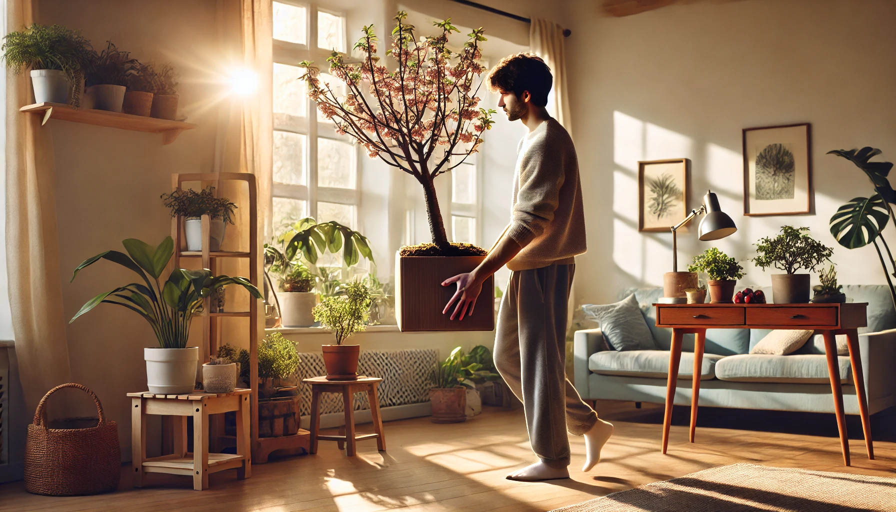 A person carries a decorative tree in a sunlit room filled with various plants, a cozy couch, and a wooden desk with potted plants.