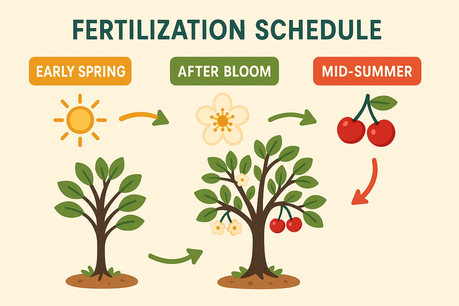 Colorful infographic illustrating a fertilization schedule for trees, showing steps from early spring to mid-summer fruiting.