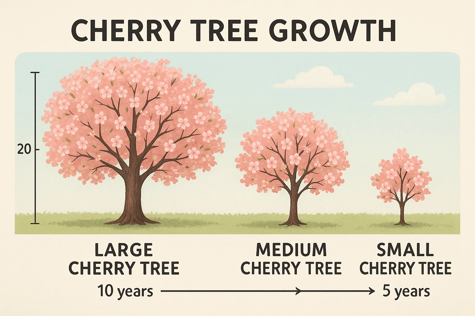 Illustration showing the growth stages of cherry trees: large (10 years), medium, and small (5 years), with pink blossoms.