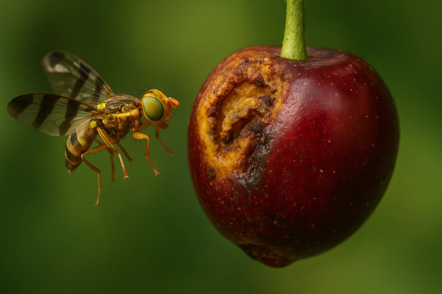 A close-up of a fruit fly approaching a damaged cherry, showcasing details of the fly's vibrant eyes and the fruit's decay.