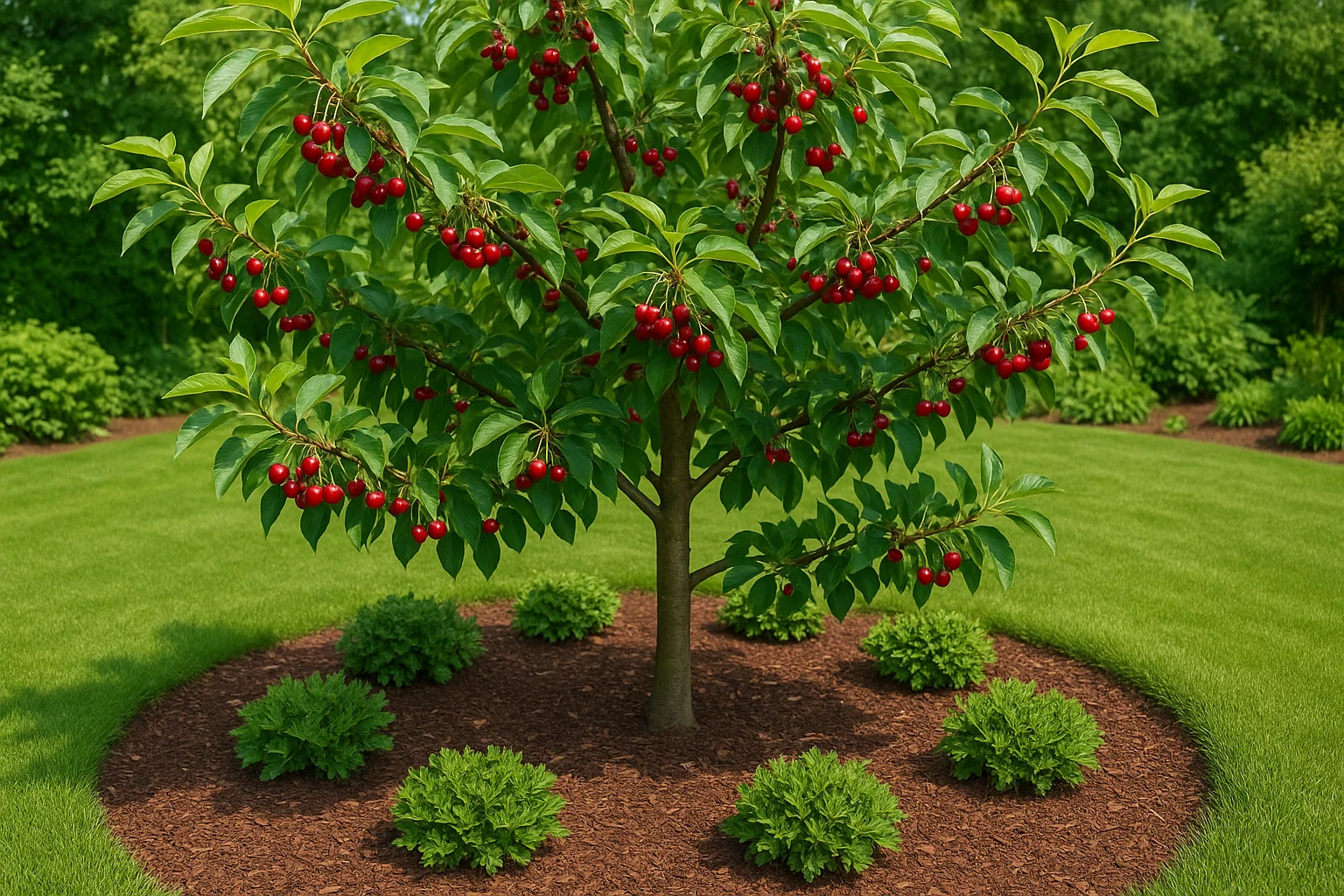 A fruitful tree laden with bright red cherries stands in a manicured lawn, surrounded by lush green shrubs and mulch.