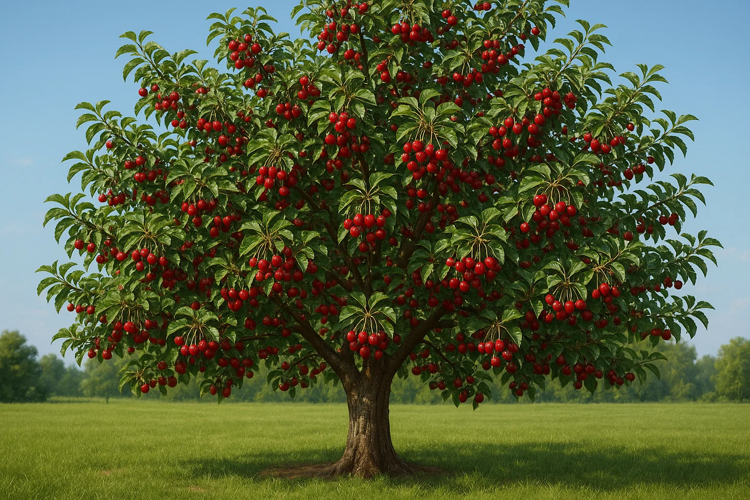 A lush, vibrant apple tree laden with bright red apples stands in a sunny green field under a clear blue sky.