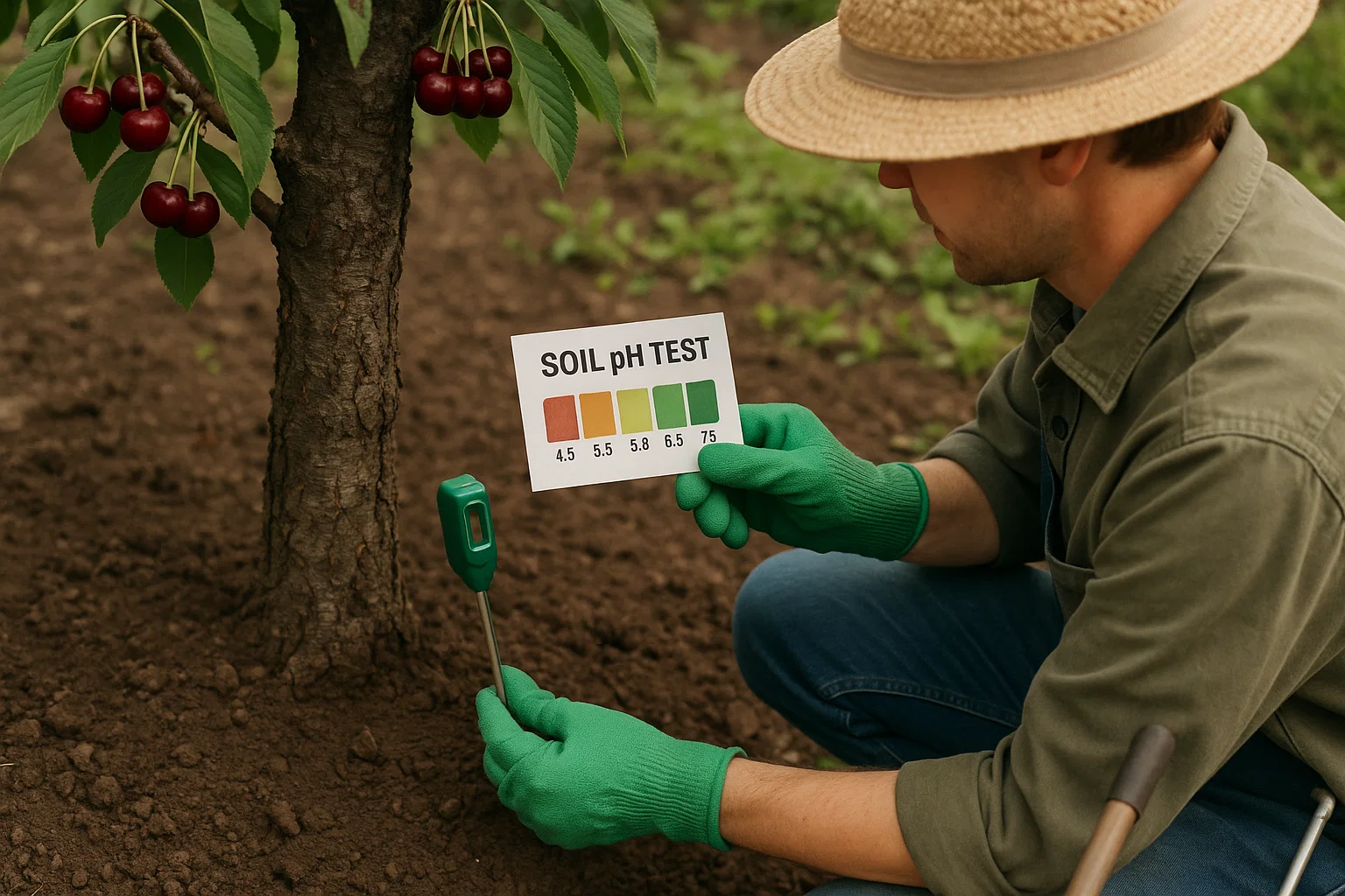 A person in green gloves conducts a soil pH test next to a cherry tree, holding a color scale chart for reference.