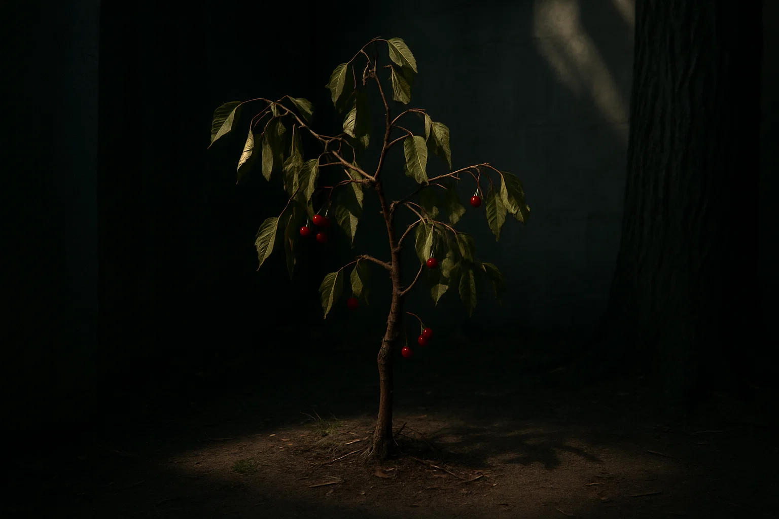 A small tree with green leaves and red cherries stands in dim light, surrounded by shadows, creating a mysterious atmosphere.