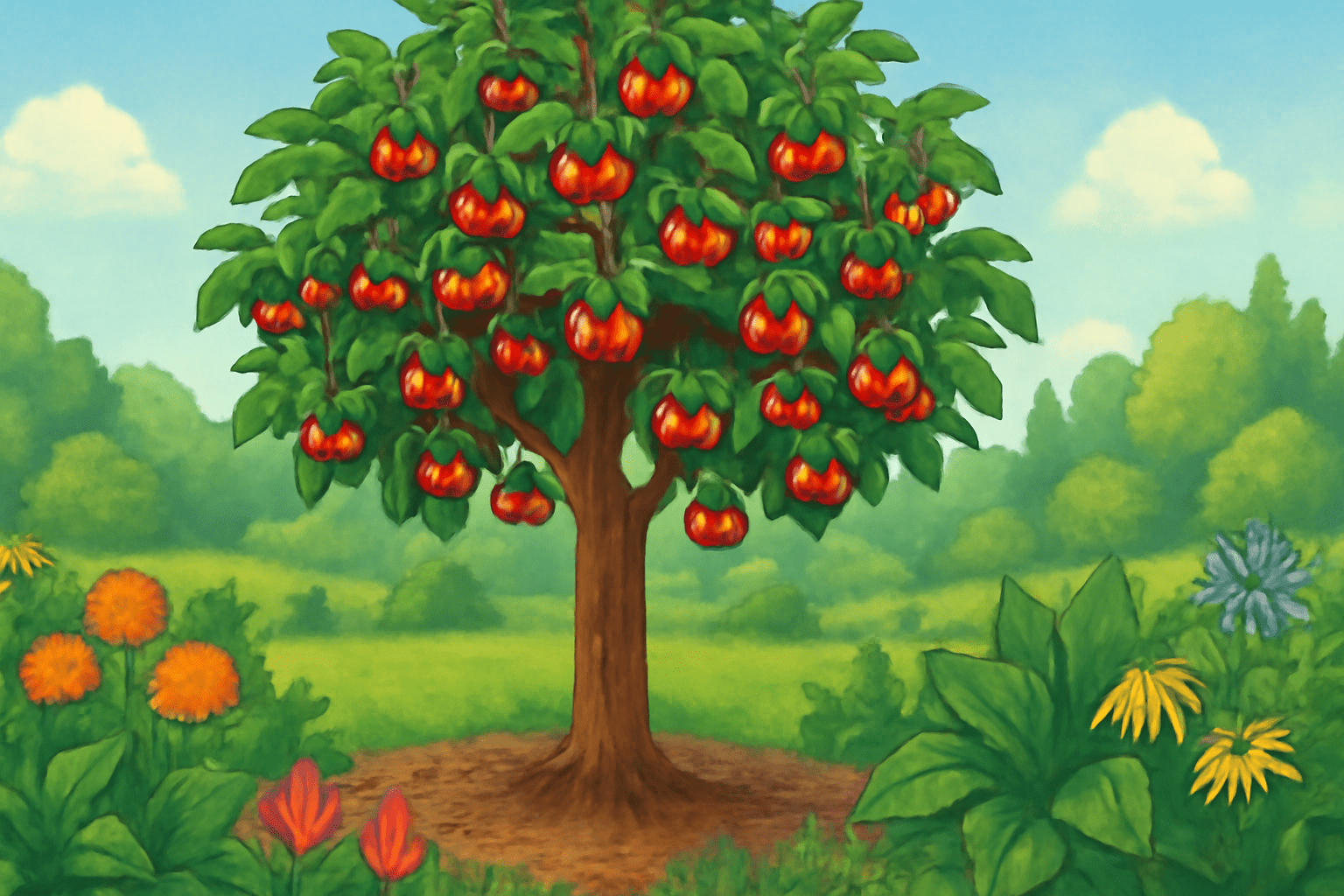 A vibrant tree laden with ripe red fruit stands amidst colorful flowers in a lush green landscape under a bright blue sky.