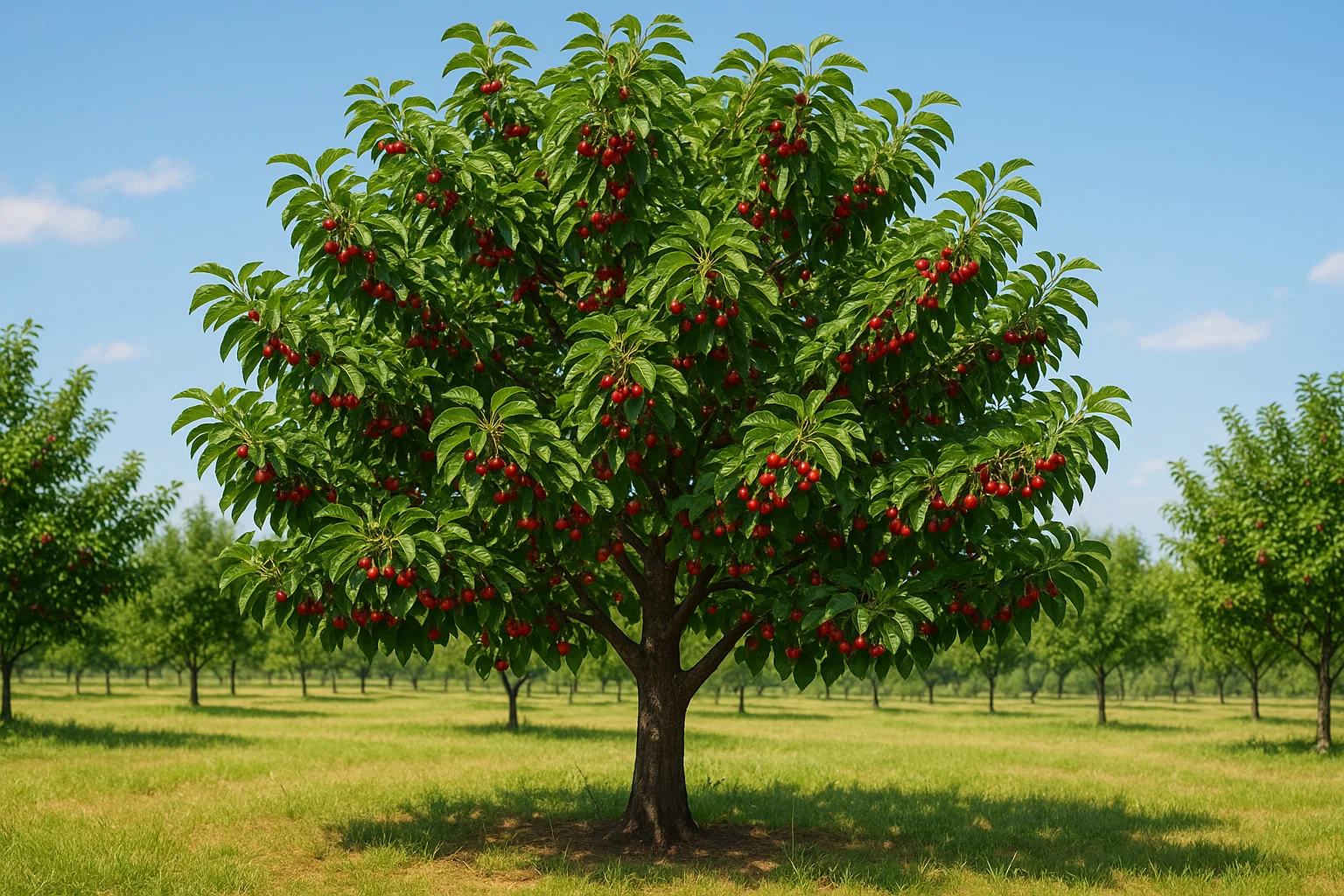 A lush fruit tree laden with bright red fruit, surrounded by grassy fields and other trees under a clear blue sky.