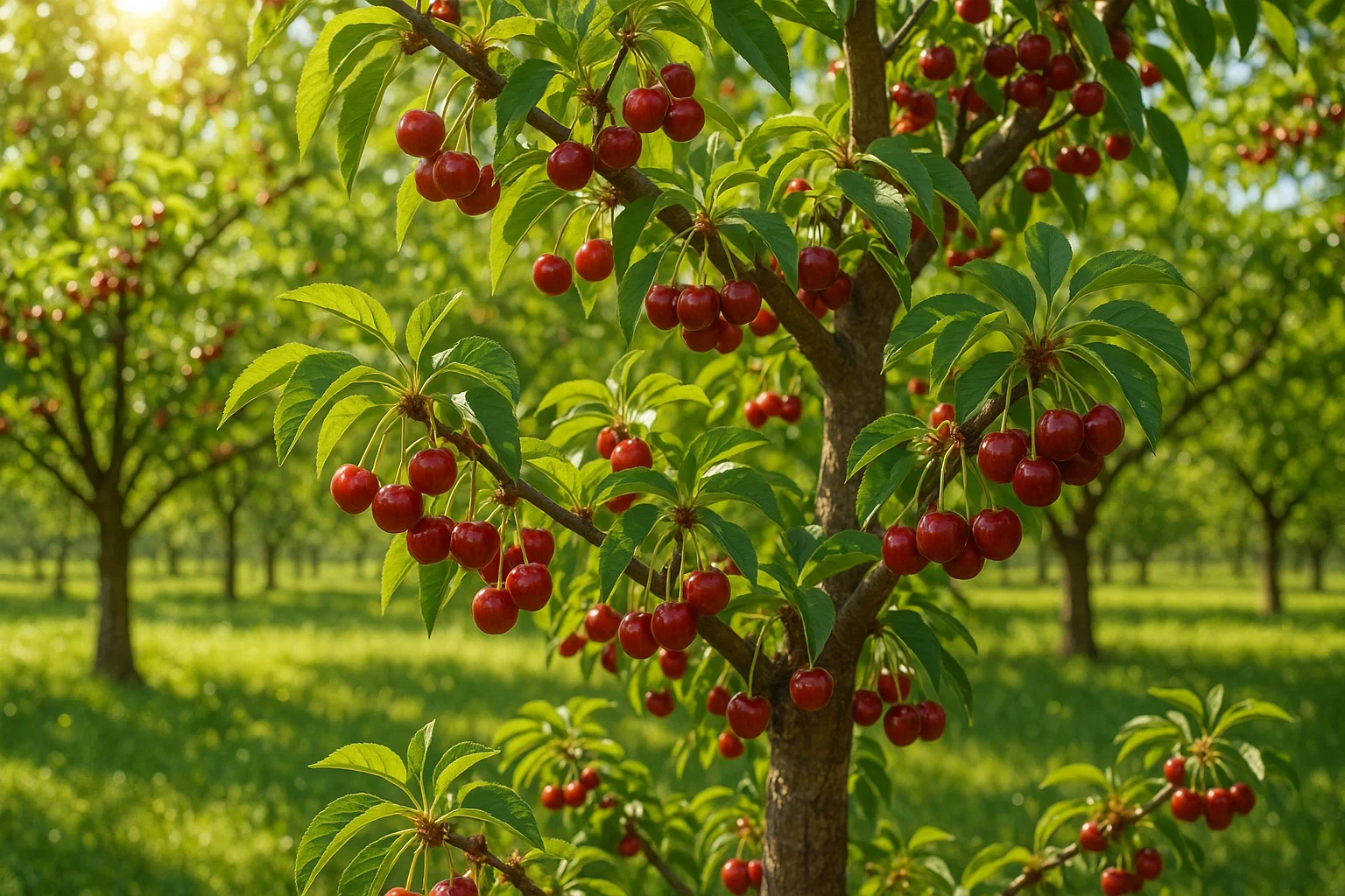 A close-up of a cherry tree branch laden with bright red cherries, set against a lush green orchard in warm sunlight.