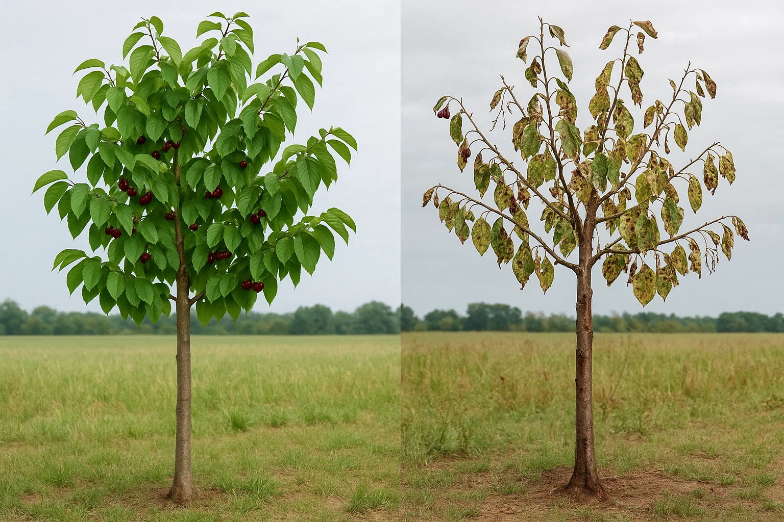 A healthy green tree laden with red fruit on the left contrasts with a wilted tree with brown leaves on the right, showcasing deterioration.