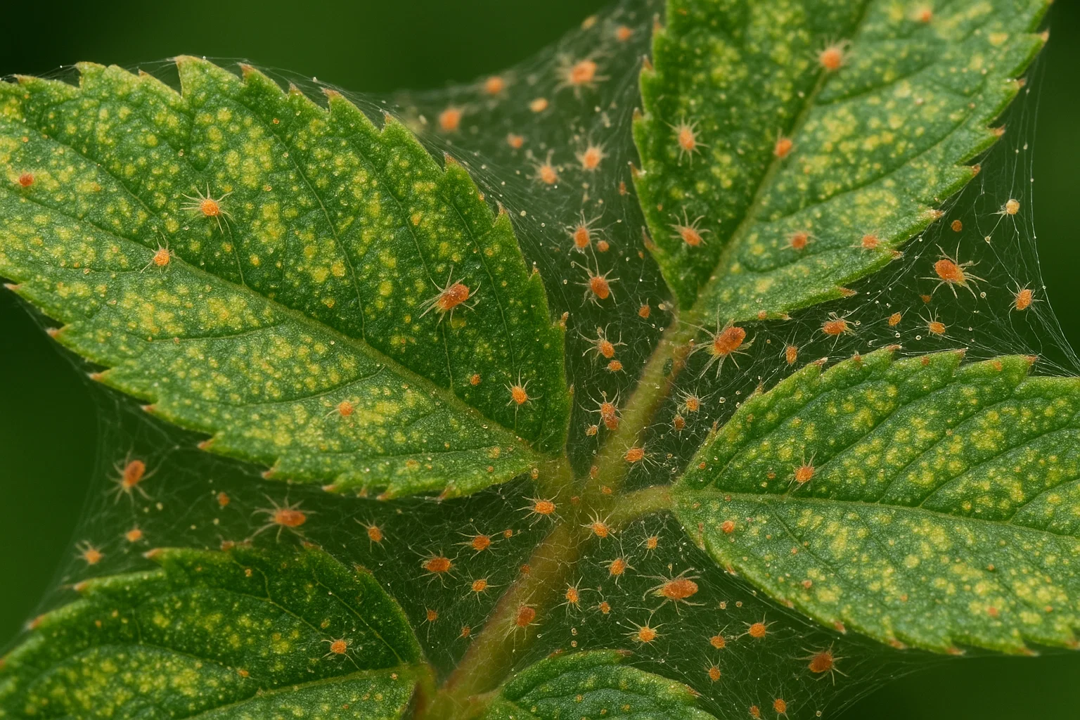 Close-up of green leaves covered in tiny red spider mites and webbing, showing yellow speckling and signs of pest infestation.