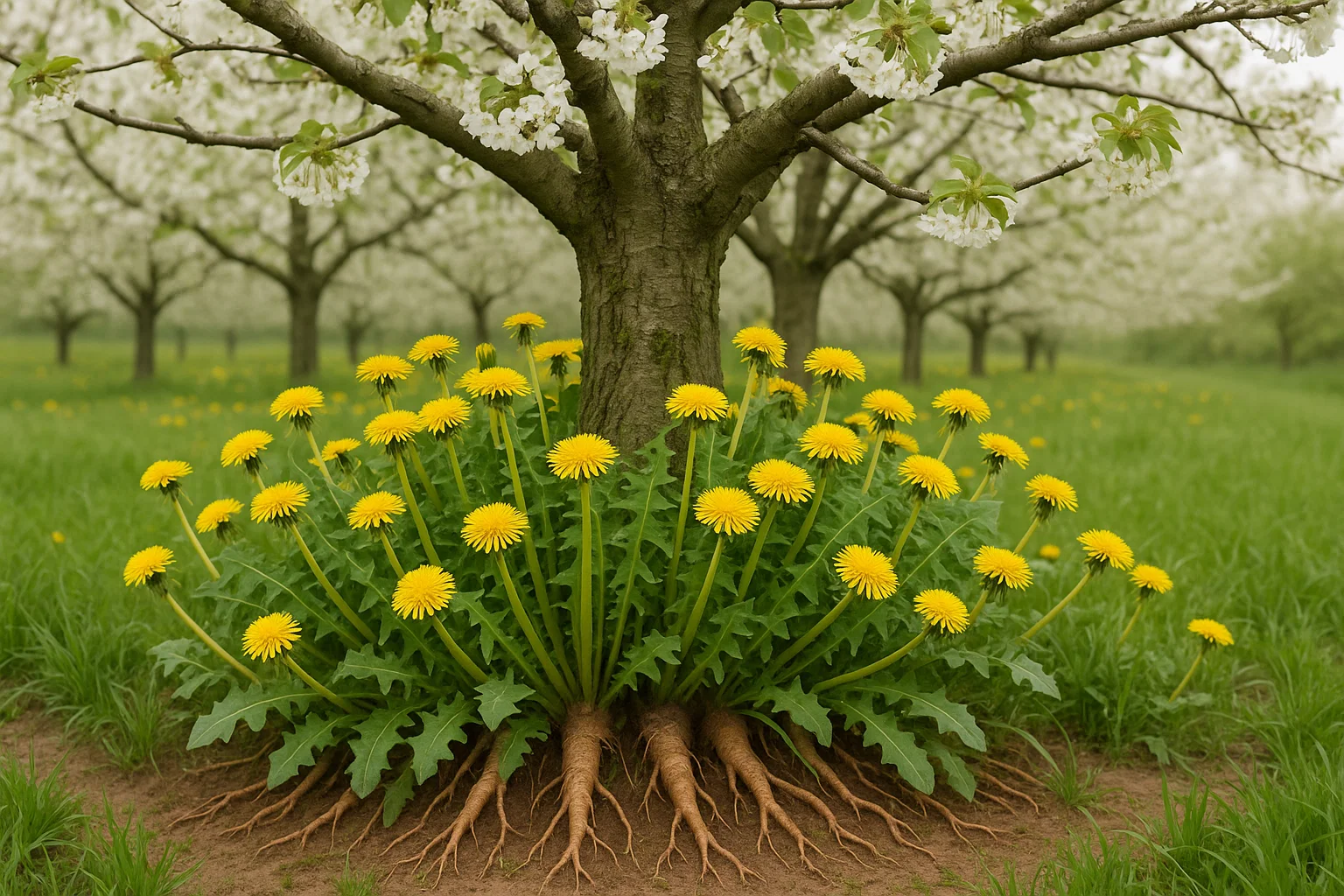 A vibrant cluster of yellow dandelions grows around the base of a tree, with white blossoms visible on trees in the background.