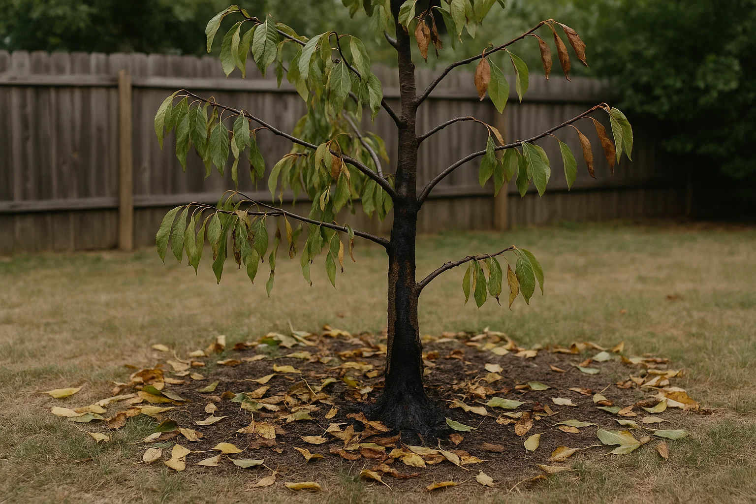 A young tree with green and brown leaves stands in a yard, surrounded by fallen leaves on dry grass and a wooden fence in the background.