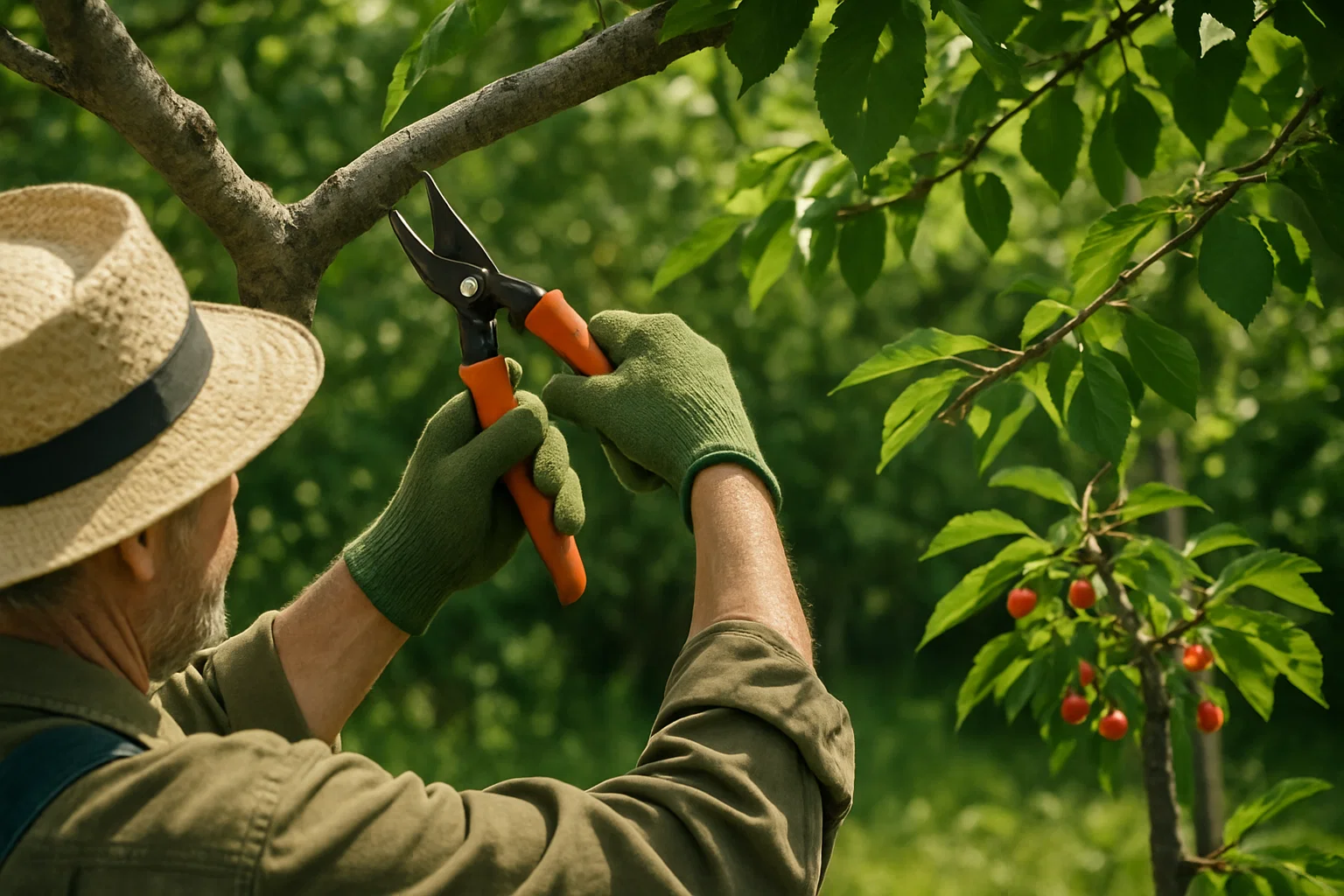 A man in a straw hat and gloves trims a tree branch with pruning shears, surrounded by lush green foliage and red cherries.