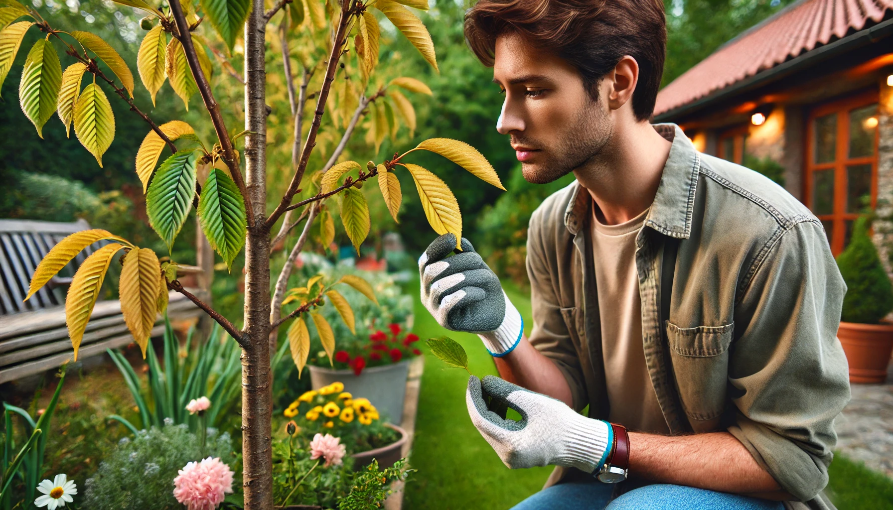 A person in gardening gloves inspects vibrant green and yellow leaves on a young tree, surrounded by colorful flowers and a cozy home.