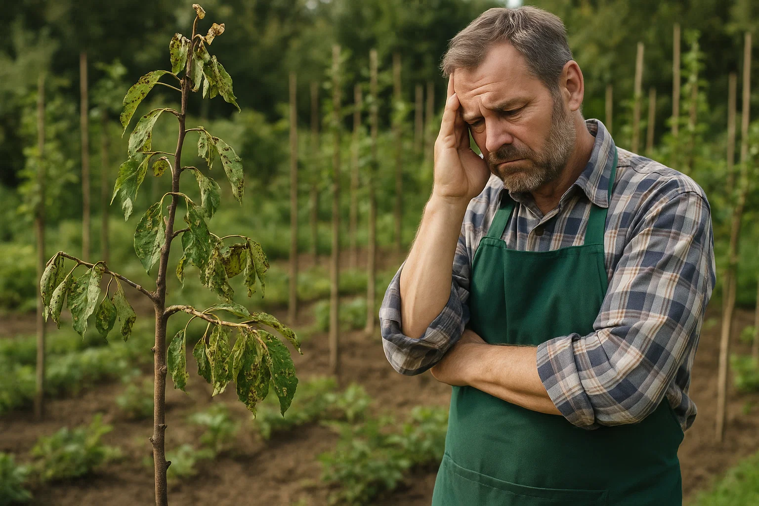 A concerned gardener in a green apron stands beside a struggling young tree with damaged leaves, amidst a lush garden background.