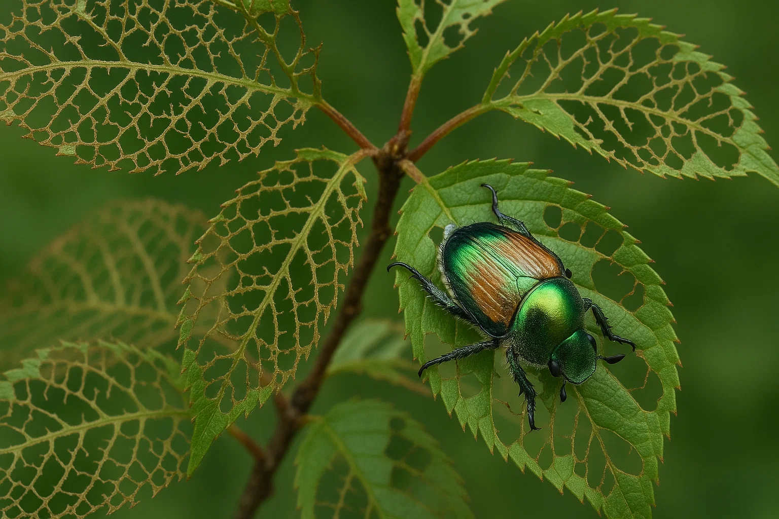 A vibrant green and bronze beetle rests on intricately lace-like leaves against a soft green background.