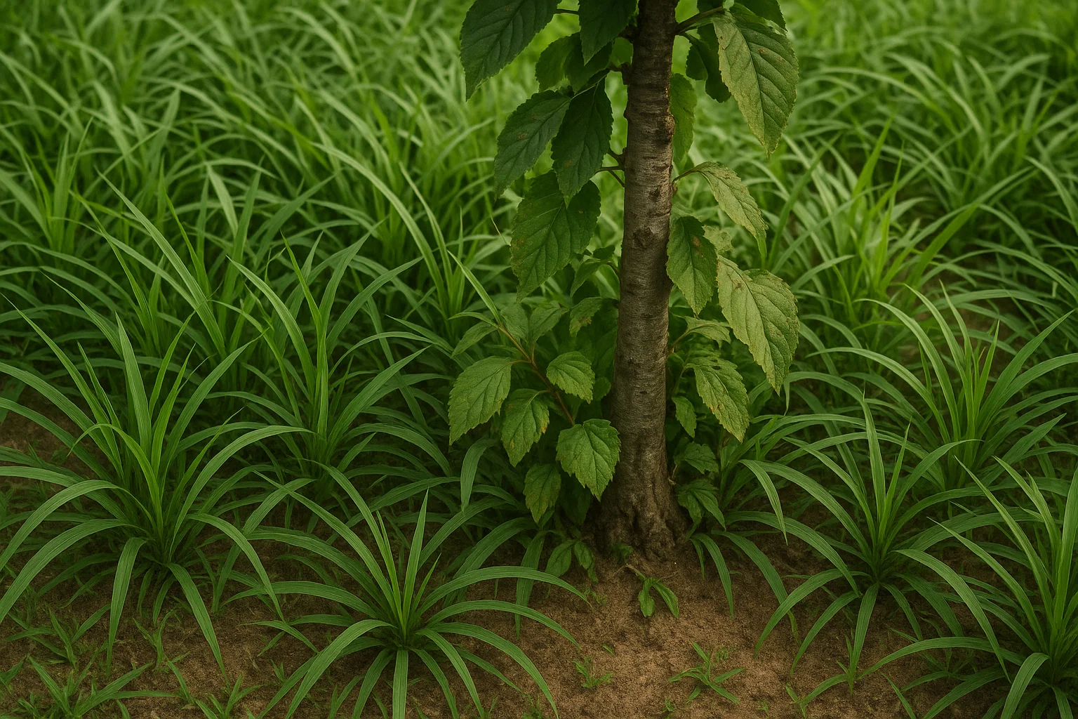 A close-up of a tree trunk surrounded by lush green grass, showcasing vibrant leaves and rich earth tones.