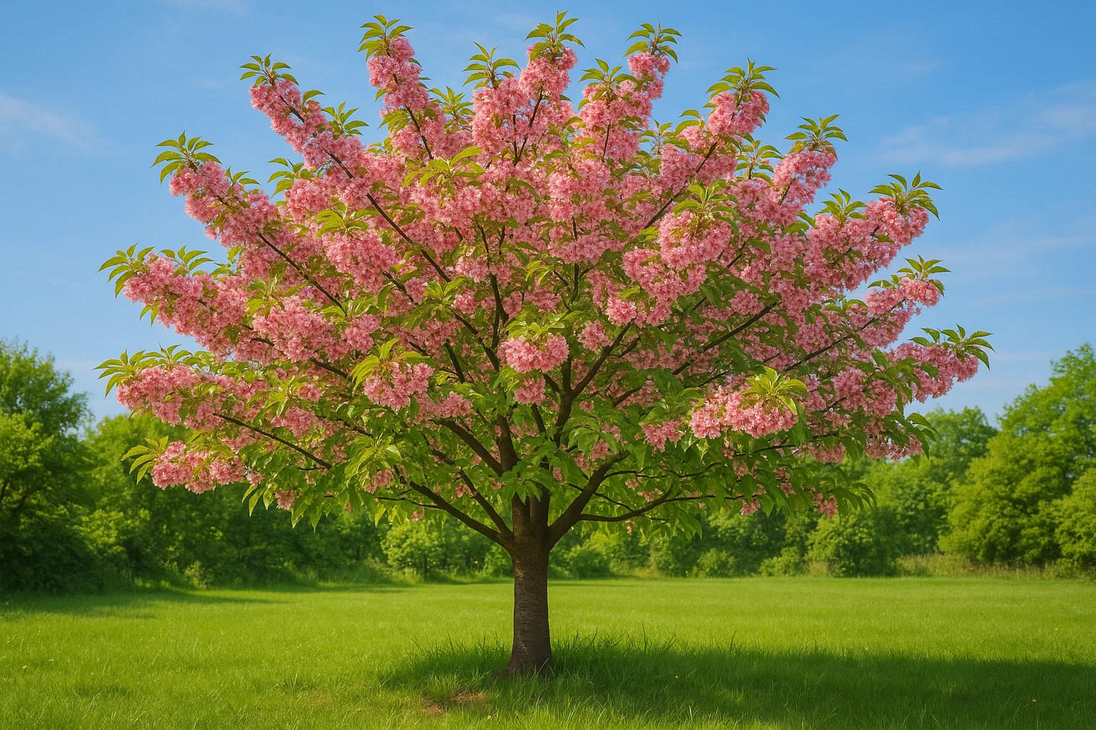 A vibrant pink flowering tree stands majestically in a lush green field under a clear blue sky.